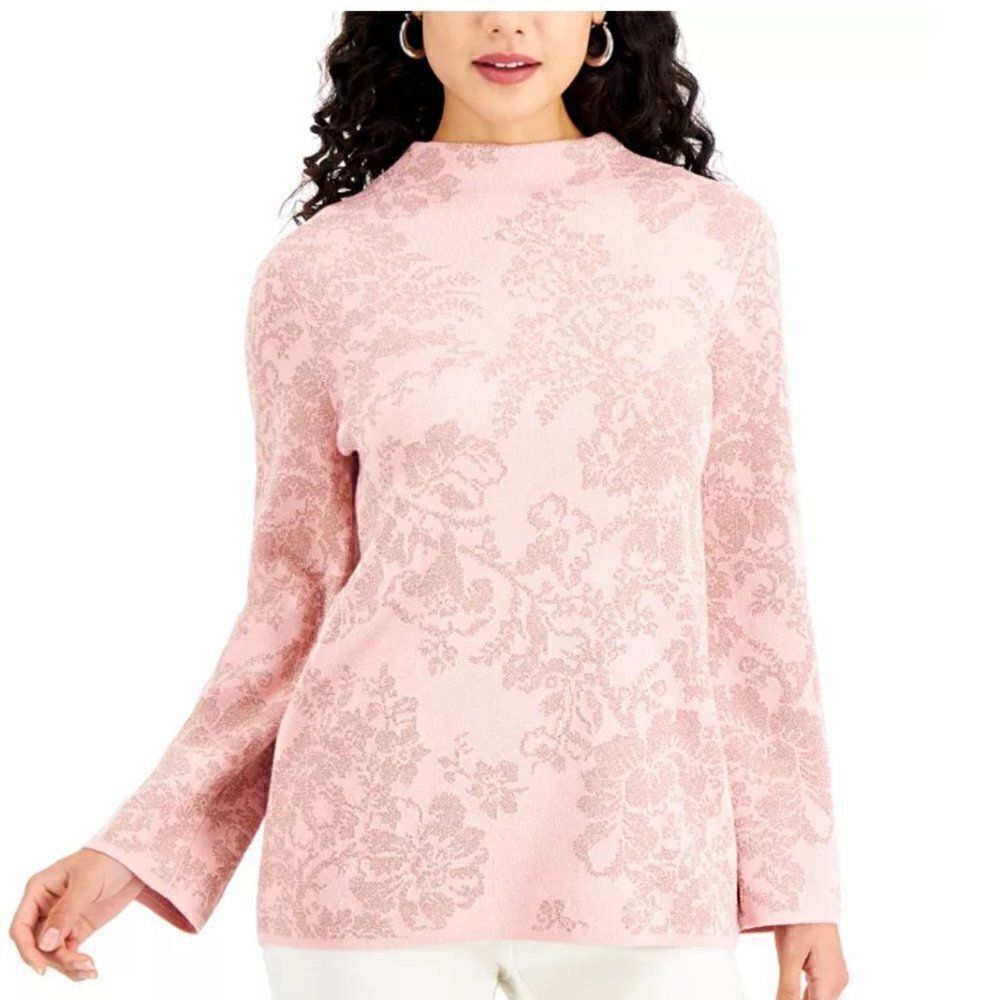 JM Collection Printed Funnel-Neck Sweater S pink new with tags